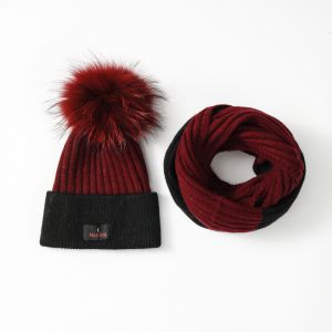 Noblag Luxury Warm Knitted Beanie, Scarf Set For Women Mixed Black Red Color