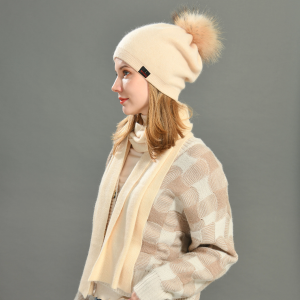 Noblag Luxury Cashmere Women’s Beanies, Scarves Set Apricot Soft Warm Fluffy Fur Pom