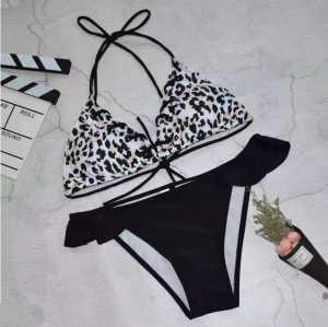 Noblag Luxury Triangle Bikini Top Ruffle Bikini Bottoms Leopard Print Swimwear