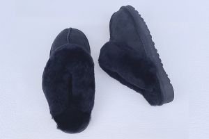 Noblag Luxury Black Sheepskin Fur Slippers Shoes For Men & Women