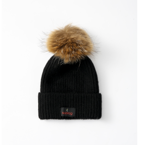 Noblag Luxury Black Fluffy Knitted Long Cashmere Beanie Hat With Fur Ball