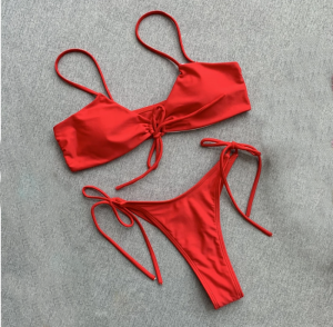 Noblag Luxury Bikini Set Top Lace-Up Front And Bottom Cheeky Tie Side Red