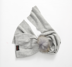 Noblag Luxury Women’s Beanie Scarf Set Light Grey Wool Slouchy Raccoon Fur Pom