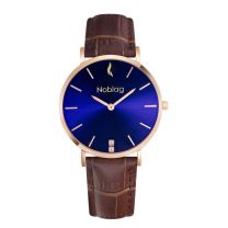 Noblag Flame Rose Gold Stainless Women's Watch Brown Leather Strap Blue Sunray Dial 36mm