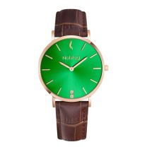 Noblag Flame Stainless Case Rose Gold Green Dial Women's Watch Brown Leather Strap 36mm