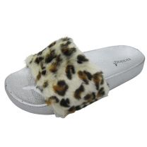Noblag Slide Sandals Women Faux-Fur Leopard