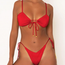 Noblag Bikini Set Top Lace-Up Front And Bottom Cheeky Tie Side Red