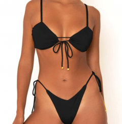 Noblag Bikini Set Top Lace-Up Front And Bottom Cheeky Tie Side Black