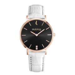 Noblag Flame Black Dial White Leather Strap Women's Watch Rose Gold Case 36mm
