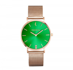 Noblag Rose Gold Green Dial Women’s Watch Flame Stainless Mesh Strap Bracelet Slide Clasp Buckle 36mm