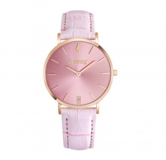 Noblag Flame Pink Leather Strap Women's Watch Pink Dial Rose Gold Stainless Case 36mm