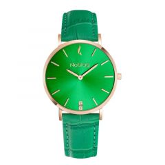 Noblag Flame Green Dial Women's Watch Rose Gold Case Stainless Green Leather Strap 36mm