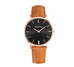 Noblag Flame Women's Watch Black Dial Tan Leather Strap Rose Gold Case Stainless 36mm